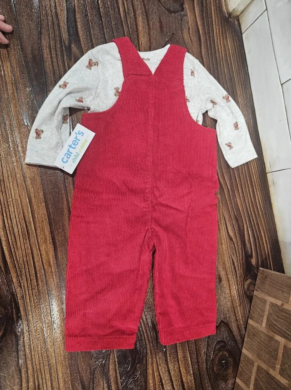 NWT Infant 3-6 Months Red Cord Overalls With Long Sleeve Teddy Bear Shirt